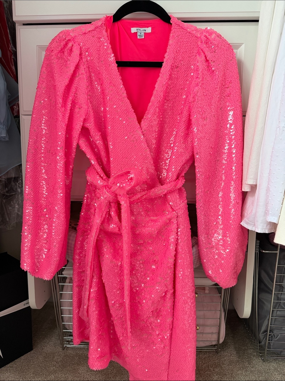 Neon Pink Sequin Wrap Dress with Tie